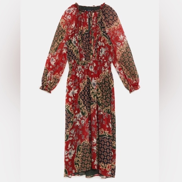 Zara NWT Red Gold Green Paisley Print Metallic Thread Midi Dress Women’s XS - Picture 2 of 3